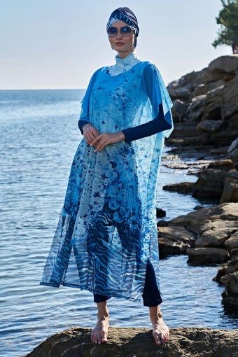 RUKO - Ruko Kadın Pareo Tesettür Plaj Elbisesi Desenli (Mavi)
