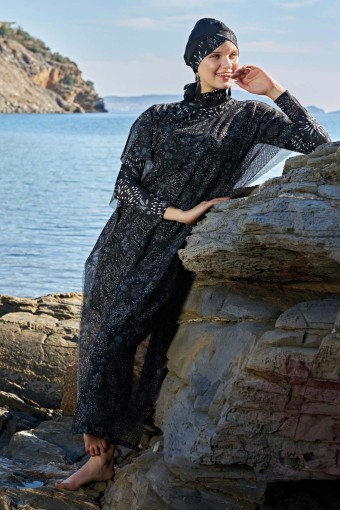 RUKO - Ruko Kadın Pareo Tesettür Plaj Elbisesi Desenli (Siyah)